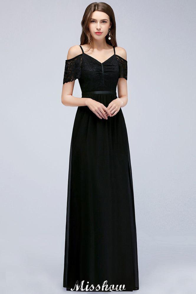 Off-the-shoulder Sleeveless Floor-Length A-line Bridesmaid Dresses Chiffon Lace V-Neck Prom Dress