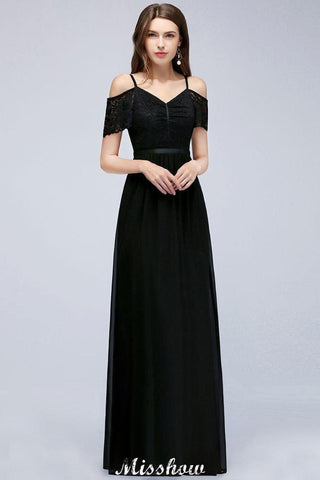 Schulterfreies, ärmelloses, bodenlanges A-Linien-Brautjungfernkleid aus Chiffon und Spitze mit V-Ausschnitt