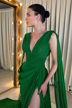 Off The Shoulder Sleeveless V-Neck Prom Gown with Split and Pleated