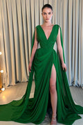 Vestido de Fiesta Sin Mangas Fuera del Hombro con Cuello en V, Abertura y Plisado