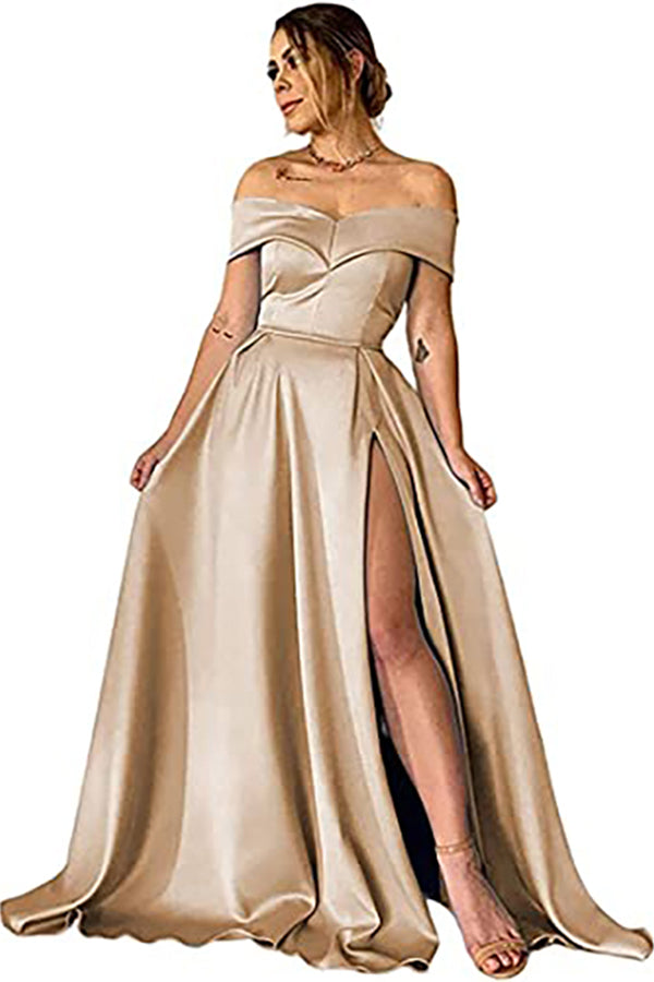 Schwarzes, langes, schulterfreies A-Linien-Ballkleid aus Satin mit Schlitz