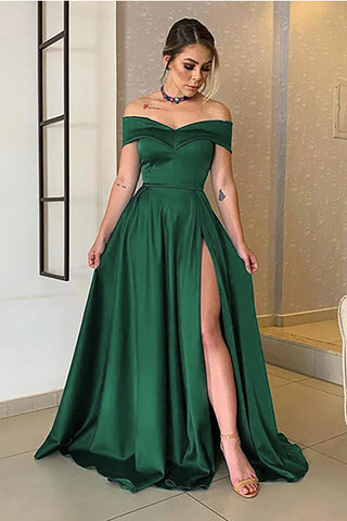 Black Long A-line Off the Shoulder Satin Split Prom Dress