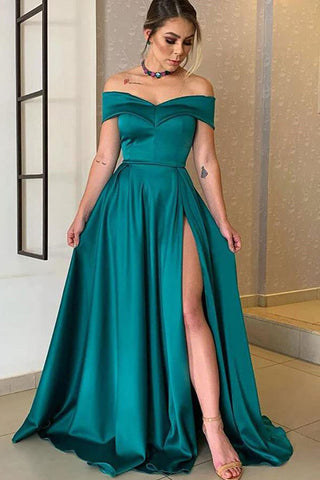 Black Long A-line Off the Shoulder Satin Split Prom Dress