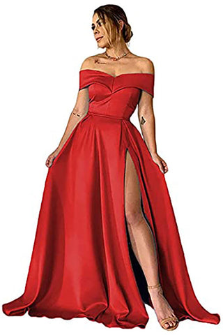 Black Long A-line Off the Shoulder Satin Split Prom Dress