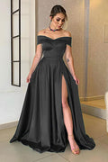 Vestido de Fiesta A-line Largo Negro de Satén con Hombros Descubiertos y Abertura