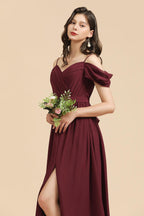 Off-the-Shoulder Sweetheart Burgundy Long Bridesmaid Dress With Slit
