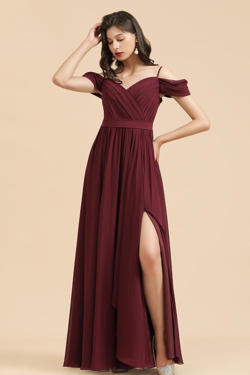 Off-the-Shoulder Sweetheart Burgundy Long Bridesmaid Dress With Slit