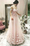 Abito da Ballo Lungo Spalla Scoperta Scollatura a Cuore Grigio Rosa con Pizzo e Fiori PG773