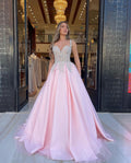 Schulterfreies, langes, rosa A-Linien-Ballkleid aus Tüll mit Herzausschnitt und Applikation 