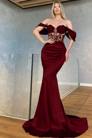 Burgundy Off the Shoulder Sweetheart Mermaid Long Evening Dresses