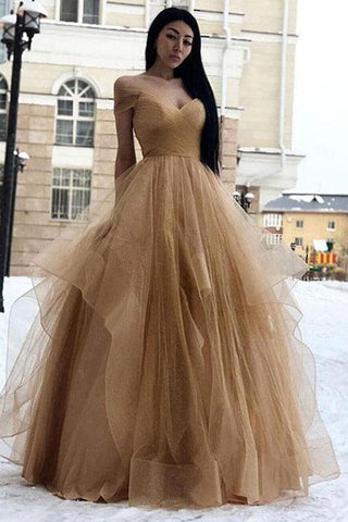 Vestido de festa champanhe com pregas e decote ombro a ombro PSK162