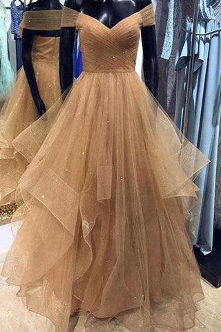 Vestido de festa champanhe com pregas e decote ombro a ombro PSK162