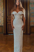 Robe de soirée sirène en ivoire à épaule dénudée avec longues paillettes