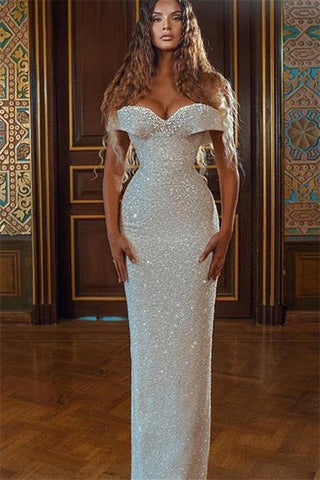Off-the-Shoulder Ivory Long Sequins Mermaid Evening Dresses