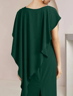 Vestido de mãe da noiva com bainha/coluna, para convidada de casamento formal, elegante, decote redondo, comprimento até ao chão, tecido elástico, sem mangas, com abertura frontal