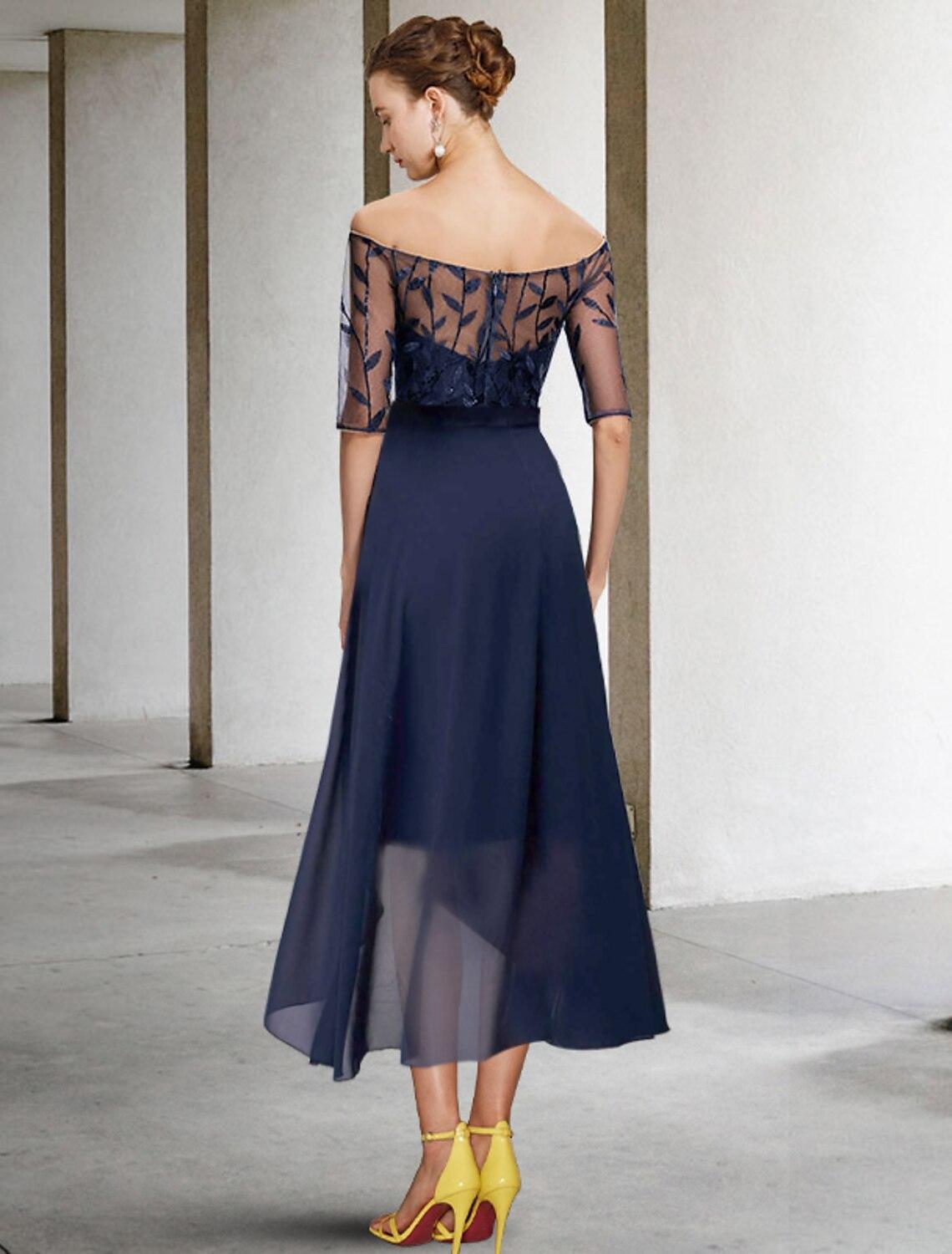 Vestido de mãe da noiva de duas peças, estilo coluna, formal, para convidada de casamento, com brilho e elegância, ombro de fora, comprimento até ao joelho, chiffon, renda, lantejoulas, meia manga com apliques de laço(s)