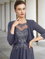 Vestido de mãe da noiva plus size, duas peças, corte A, elegante, decote em joia, comprimento até ao tornozelo, chiffon, renda, manga curta, outono, incluído com aplicações franzidas