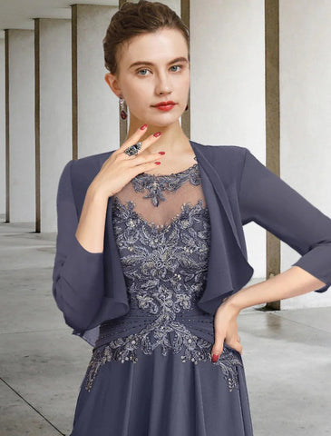 Zweiteiliges A-Linien-Kleid in Übergröße für die Brautmutter, Hochzeitsgast, eleganter Rundhalsausschnitt, knöchellang, Chiffon-Spitze, kurze Ärmel, Herbstwickel inklusive gerüschter Applikationen