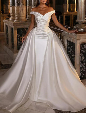 Verlobungs- und formelle Brautkleider, Ballkleid, schulterfrei, Flügelärmel, Kapellenschleppe, Satin-Brautkleider mit geraffter Blume