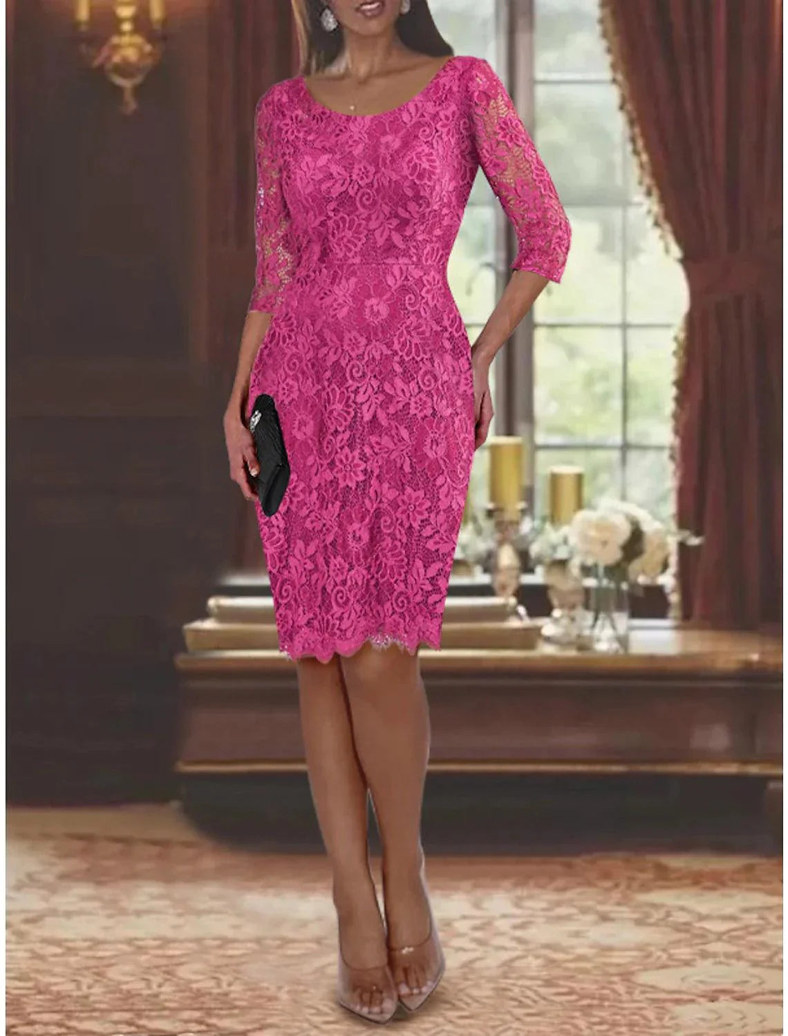 Vestido de mãe da noiva de duas peças, bainha/coluna, formal, para convidados de casamento, elegante, decote redondo, comprimento até ao joelho, chiffon, renda, manga 3/4, vestidos casaco com cor sólida, outono