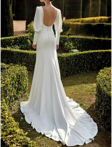 Hall Open Back Royal Style Herbst Formelle Brautkleider Etui/Säule V-Ausschnitt Langarm Hofschleppe Stretch-Stoff Brautkleider mit geteilter Vorderseite Volltonfarbe