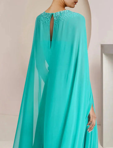 Zweiteiliger Overall/Hosenanzug, Kleid für die Mutter der Braut, formeller Hochzeitsgast, elegant, U-Ausschnitt, knielang, Chiffon, ärmellos, mit Perlenapplikationen
