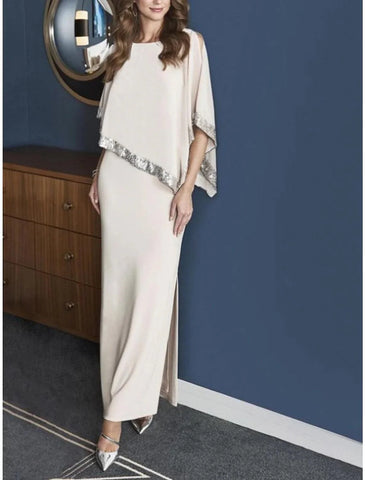 Kleid für die Mutter der Braut, Cape-Kleid, Hochzeitsgast, elegant, funkelnd und glänzend, Juwelenhals, knöchellang, Chiffon, 3/4-Ärmel mit Paillettenschlitz