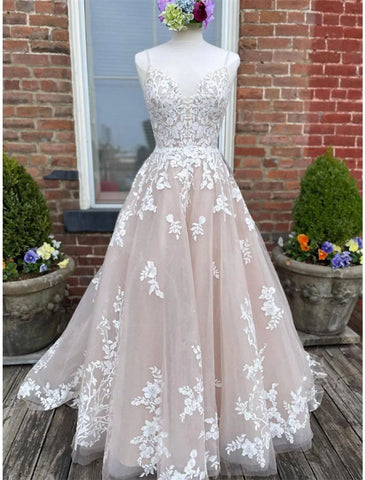 Verlobungs-Brautkleider in Farbe, formelle Brautkleider, Kapellenschleppe, A-Linie, ärmellos, Spaghettiträger, Spitze mit Knöpfen und Applikationen