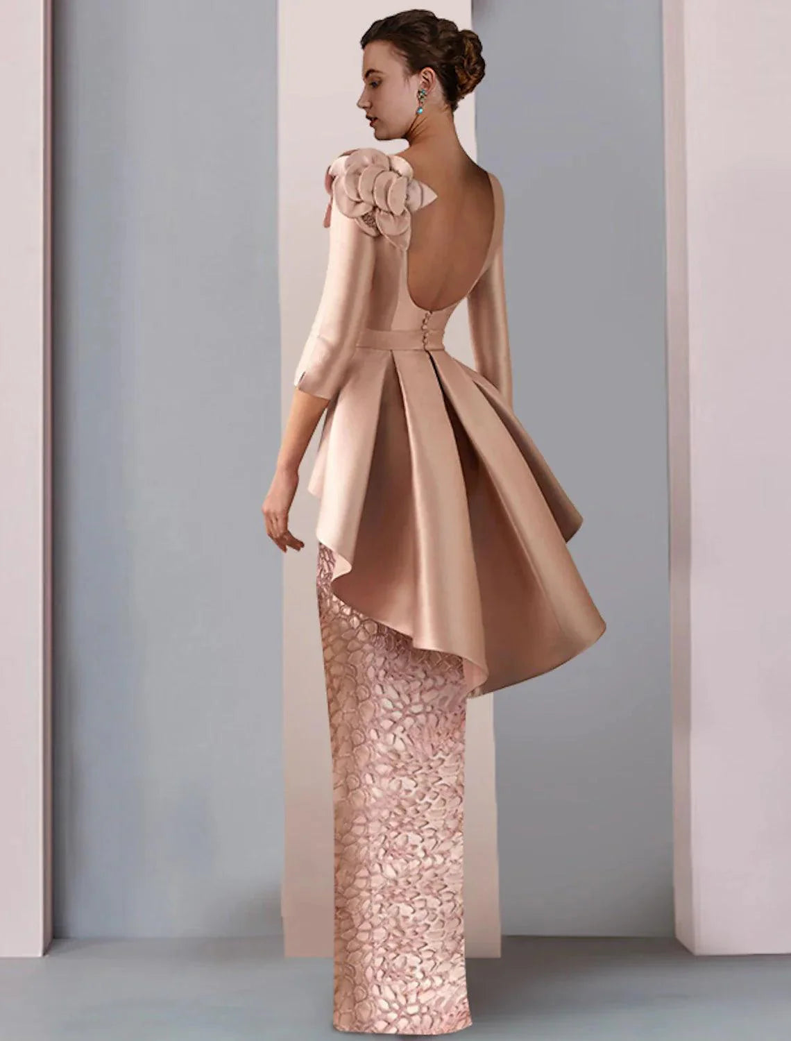 Vestido tubinho/coluna para mãe da noiva, festa de casamento, elegante, decote em V, comprimento até ao chão, cetim, renda, manga 3/4 com aplicações, folhos em cascata, flores