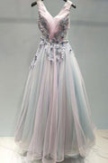 Ombre Wunderschönes Ballkleid A-Linie V-Ausschnitt Tüll Abendkleid PSK096