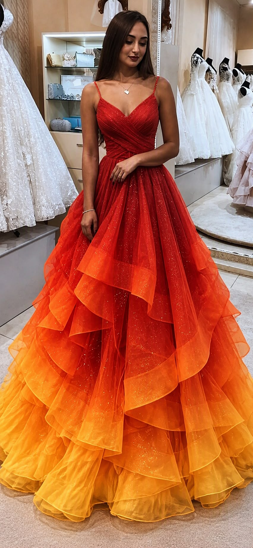 Sunset Ombre Tiered Tulle Spaghetti Straps V-Neck Quinceanera Dress in red orange yellow gradient with glitter
