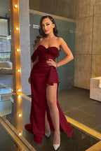 Burgundy Long One Shoulder Beadings Mermaid Evening Dress with Side Slit