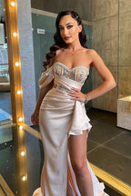 Burgundy Long One Shoulder Beadings Mermaid Evening Dress with Side Slit