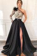 Schwarzes langes Ballkleid mit einer Schulter und Taschen, Federn, PSK039