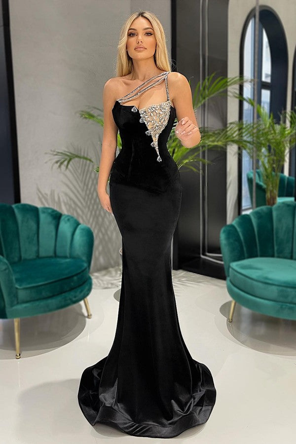 One Shoulder Black Mermaid Long Prom Dress With Rhinestones