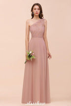 One Shoulder Chiffon Bridesmaid Dress Dusty Pink Wedding Guest Dress for Bride