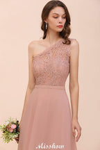 One Shoulder Chiffon Bridesmaid Dress Dusty Pink Wedding Guest Dress for Bride