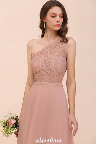 One Shoulder Chiffon Brautjungfernkleid Altrosa Hochzeitsgästekleid für die Braut