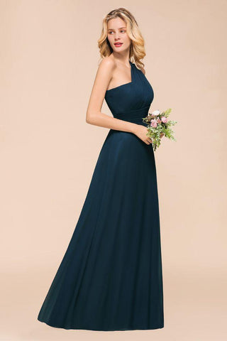 Ein-Schulter-bodenlanges Brautjungfernkleid A-Linie Chiffon Hochzeits-Partykleider