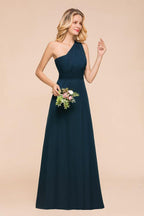 One Shoulder Floor-Length Bridesmaid Dress A-line Chiffon Wedding Party Dresses