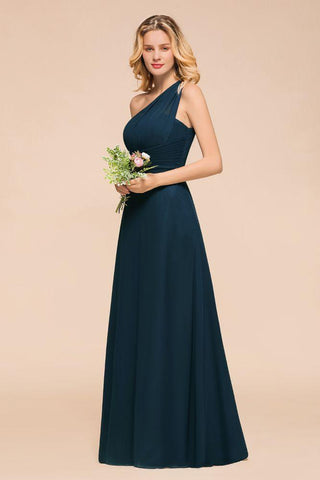 Ein-Schulter-bodenlanges Brautjungfernkleid A-Linie Chiffon Hochzeits-Partykleider
