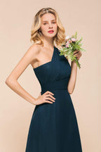 One Shoulder Floor-Length Bridesmaid Dress A-line Chiffon Wedding Party Dresses