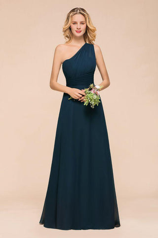 Ein-Schulter-bodenlanges Brautjungfernkleid A-Linie Chiffon Hochzeits-Partykleider