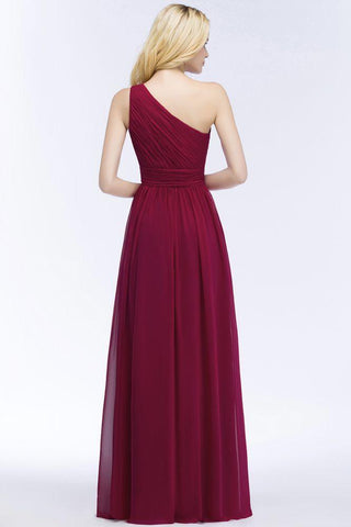 Bodenlanges Burgunderrotes Brautjungfernkleid aus Chiffon mit Rüschen und One-Shoulder-Träger