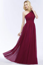 One-shoulder Floor Length Burgundy Ruffled Chiffon A-line Bridesmaid Dresses