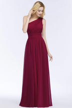 One-shoulder Floor Length Burgundy Ruffled Chiffon A-line Bridesmaid Dresses