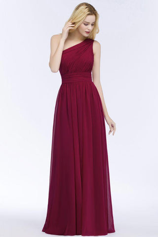 Bodenlanges Burgunderrotes Brautjungfernkleid aus Chiffon mit Rüschen und One-Shoulder-Träger