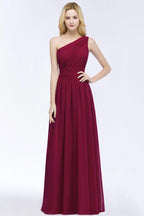 One-shoulder Floor Length Burgundy Ruffled Chiffon A-line Bridesmaid Dresses