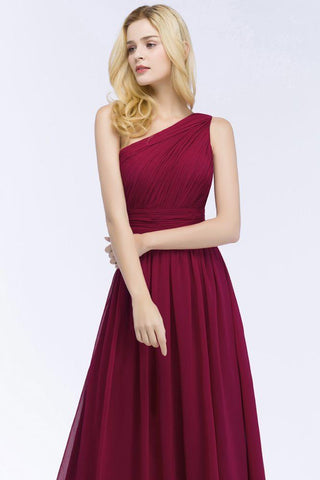 Bodenlanges Burgunderrotes Brautjungfernkleid aus Chiffon mit Rüschen und One-Shoulder-Träger