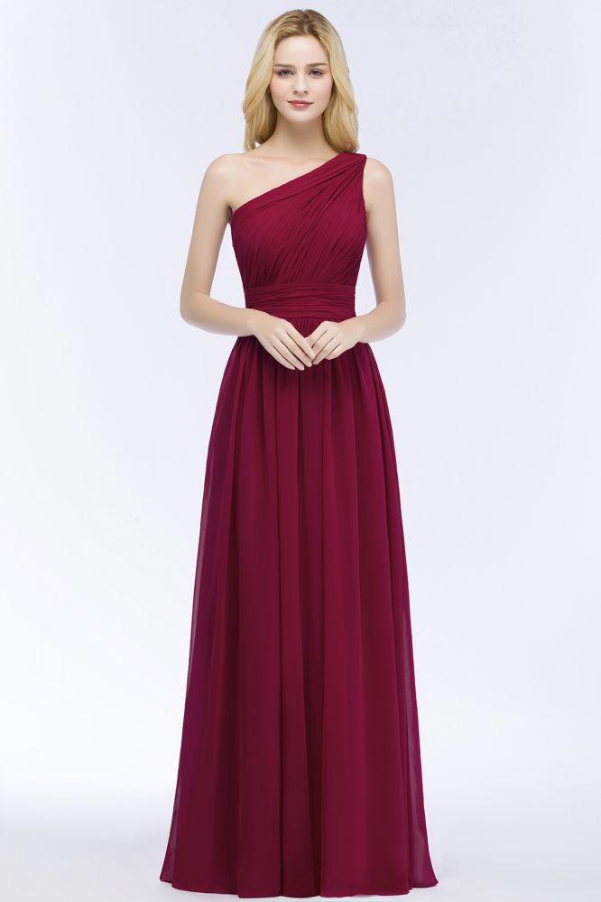One-shoulder Floor Length Burgundy Ruffled Chiffon A-line Bridesmaid Dresses